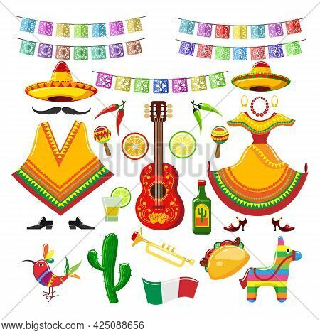 Mexican Party Decorations. Mexico Celebration Traditional Objects For Fiesta Invitation With Guitar 