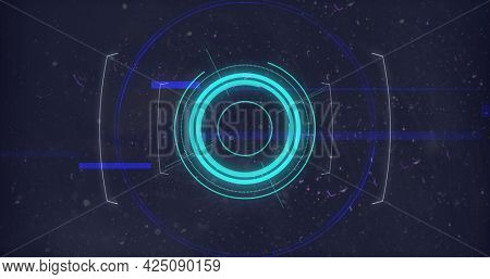 Image of flickering glowing blue scope scanning and lines on purple background. digital interface global connection and communication concept digitally generated image.