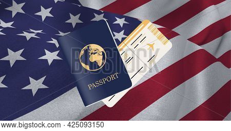 Composition of passport and air travel ticket on american flag. patriotism, independence and travel concept digitally generated image.