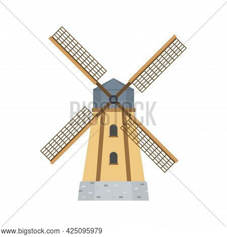 Mill For Making Flour From Grain. Agriculture. Windmill, Isolated On White Background. Vector Illust
