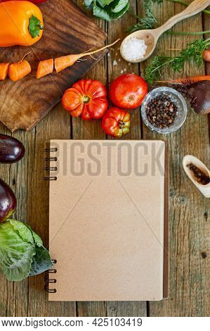 Flat Lay Of Ingredient Of Cooking, Vegetables Around Recipe Book, Grocering, Local Food