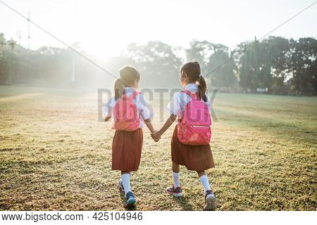 Two Girl Friend Primary School Student Walking Together