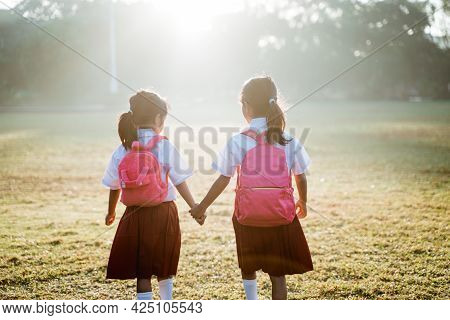 Two Girl Friend Primary School Student Walking Together