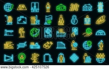 Illegal Immigrants Icons Set. Outline Set Of Illegal Immigrants Vector Icons Neon Color On Black