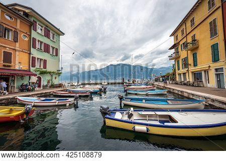 Castelletto Di Brenzone, Italy - May 16, 2020: Port Of The Small Village Of Castelletto Di Brenzone,