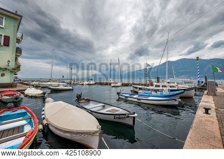 Castelletto Di Brenzone, Italy - May 16, 2020: Port Of The Small Village Of Castelletto Di Brenzone,