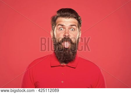 Pink Tongue. Bearded And Cheerful. Hipster Appearance. Beard Fashion. Barber Concept. Man Bearded Hi