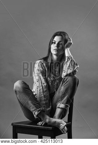 Feeling Upset Alone. Feeling Loneliness. Lonely Woman Sit On Chair. Phycology. Portrait Of Woman Wit