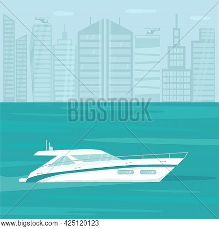 Modern Speed Yacht With In Ocean, Sea On City Lanscape Background. Summer Vacation Seaside Concept. 