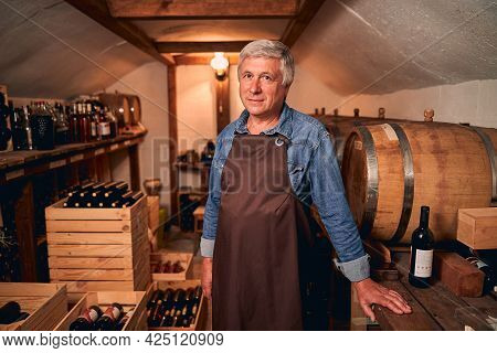Handsome Man In Apron Standing In Wine Cellar