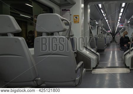 Málaga, Spain - February 22, 2021: View From Inside The Malaga Subway Car During The Pandemic.