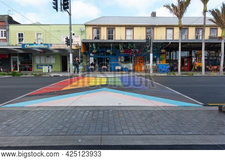 Auckland New Zealand - June 19 2021; Unique City Area Of Diversity And Rainbow Styles Pedestrian Cro