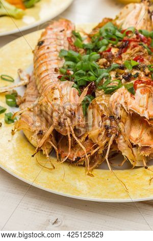 Asian Style Cooked Mantis (stomatopoda) Shrimp With Spring Onion And Red Pepper