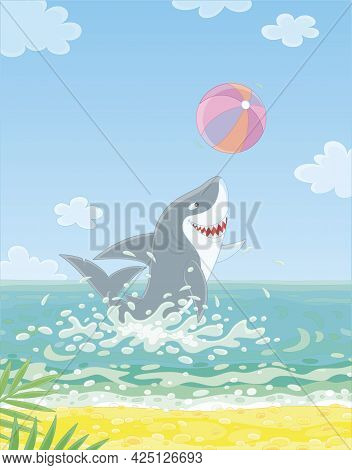 Funny Great White Shark Jumping Out Of Water And Playing A Big Colorful Ball On A Summer Sea Beach, 