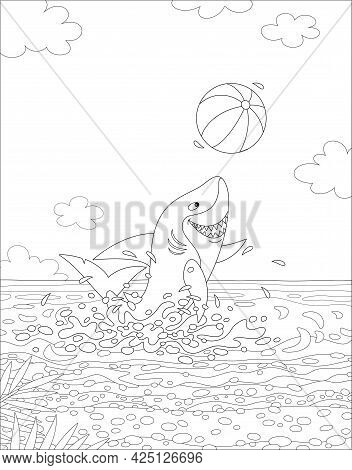 Funny Great White Shark Jumping Out Of Water And Playing A Big Colorful Ball On A Summer Sea Beach, 