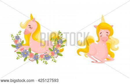 Pink Unicorn With Slender Legs And Golden Mane Vector Set
