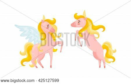 Pink Unicorn With Slender Legs And Golden Mane Vector Set
