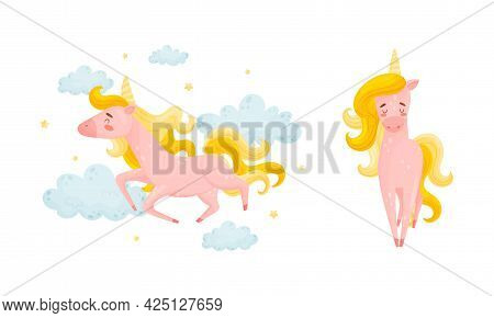 Pink Unicorn With Slender Legs And Golden Mane Vector Set