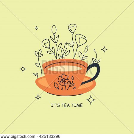 Tea Time Square Banner Template With Cup Of Tea, Linear Flowers, And Words. Hand-drawn Trendy Vector
