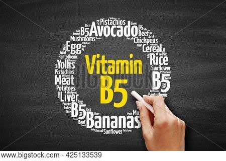 Vitamin B5 Word Cloud Collage, Health Concept Background On Blackboard