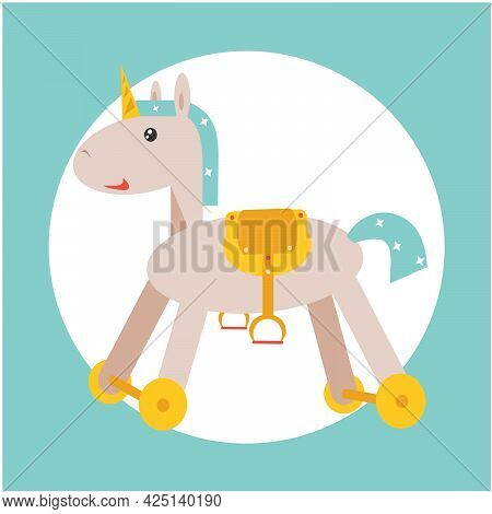 Illustration Of A Unicorn On A Blue Background. Postcard With A Unicorn. Cute Unicorn On Wheels.