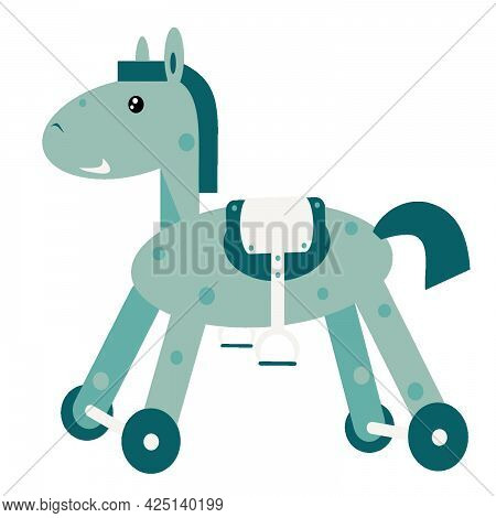 Illustration Of A Children's Blue Rocking Horse On Wheels. Horse For Children. Toy. Isolated