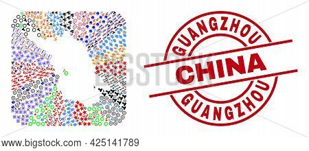Vector Mosaic Jiangsu Province Map Of Different Symbols And Guangzhou China Badge. Mosaic Jiangsu Pr
