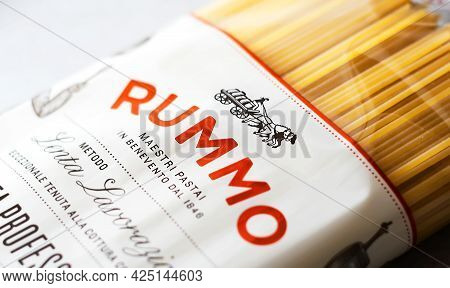 Rome, Italy, November 15th 2020: The Rummo Logo Printed On The Transparent Package Of Spaghetti Past