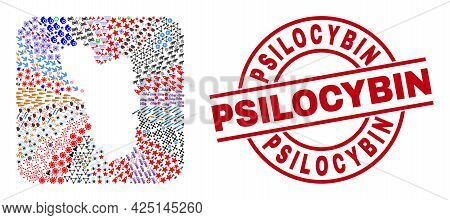 Vector Collage Goa State Map Of Different Icons And Psilocybin Seal. Collage Goa State Map Created A