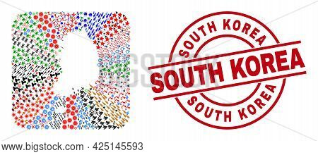 Vector Mosaic South Korea Map Of Different Pictograms And South Korea Seal. Mosaic South Korea Map C