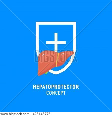 Hepatoprotector Concept Icon, Healthy Liver Flat Icon Shield. Liver Care Guard Icon