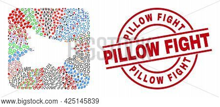 Vector Mosaic Bihar State Map Of Different Icons And Pillow Fight Seal Stamp. Mosaic Bihar State Map