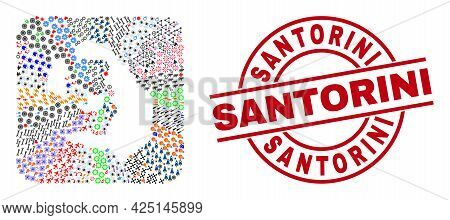 Vector Collage Santorini Island Map Of Different Pictograms And Santorini Seal Stamp. Collage Santor