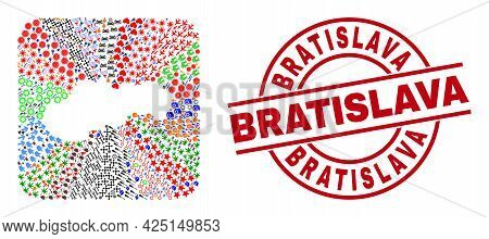 Vector Collage Slovakia Map Of Different Symbols And Bratislava Stamp. Collage Slovakia Map Created 