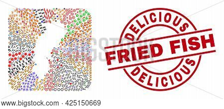 Vector Mosaic Chhattisgarh State Map Of Different Pictograms And Delicious Fried Fish Badge. Mosaic 