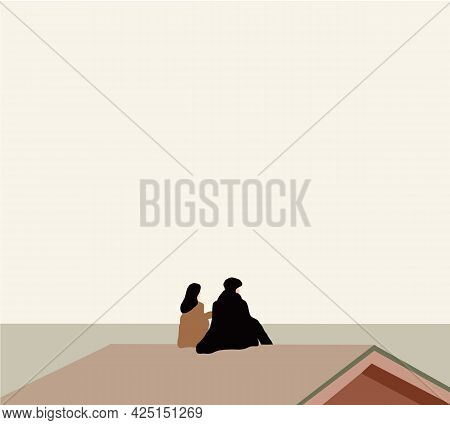 Loving Couple Is Sitting On The Roof Of The House. Cartoon Couple Sit On Building Rooftop Vector Ill