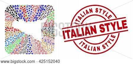 Vector Mosaic Sicilia Map Of Different Pictograms And Italian Style Seal Stamp. Mosaic Sicilia Map C