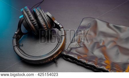 Russia, Moscow - May 5, 2021: New Headphones From Audio Company. Action. Stylish Headphones With Hig