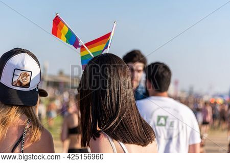 Tel Aviv, Israel - June 25, 2021: 23rd Annual Tel Aviv Pride Week. At The Parade, People Walking, Da