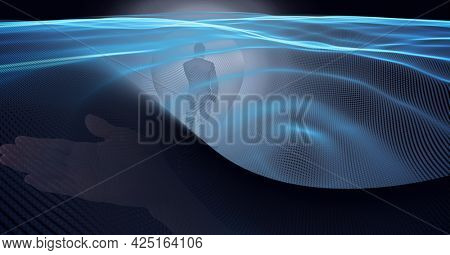 Animation of glowing blue trails of information over businessman. global business, digital interface, technology and networking concept digitally generated video.