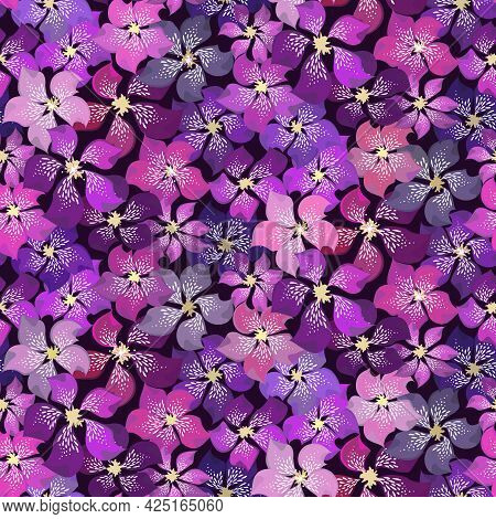 Beautiful Floral Vector Seamless Pattern. Different Brightness Purple Abstract Motley Violet Flowers