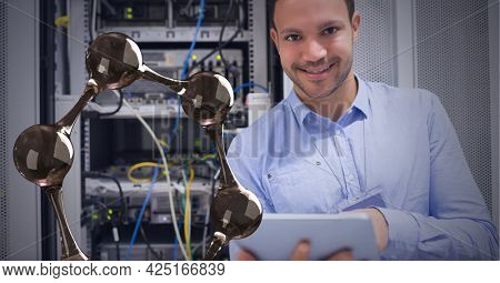 Composition of digital chemical compound over businessman using tablet by computer server. global digital interface, technology and networking concept digitally generated image.
