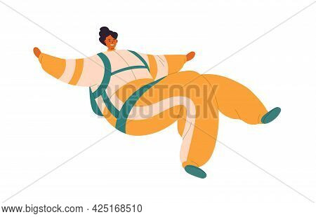 Free Fall Of Happy Smiling Woman. Parachutist Flying Down During Skydiving Jump. Skyjumper Floating 