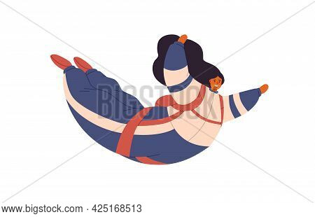 Free Fall With Parachute Of Happy Woman. Female Character Flying Down During Skydiving Jump. Fearles