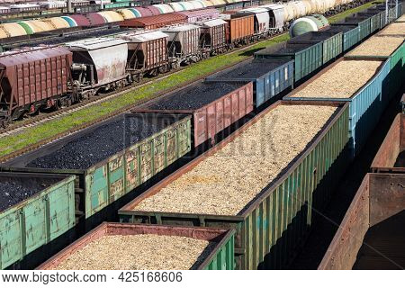 Coal Cars, Wood Chips And Sawdust On The Train. Global Warming. Energy Production.