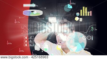 Animation of statistics data processing and businessman. global business, digital interface, technology and networking concept digitally generated video.
