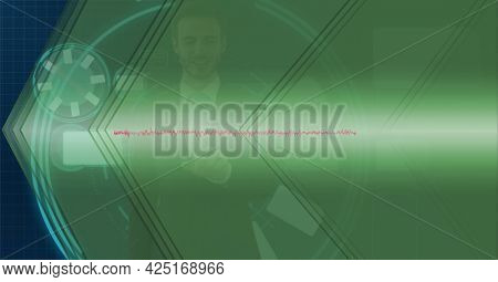 Animation of data processing over businessman touching screen. global business, digital interface, technology and networking concept digitally generated video.