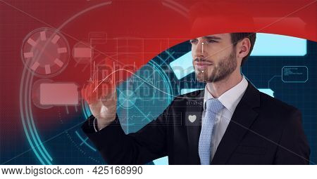 Animation of data processing over businessman touching screen. global business, digital interface, technology and networking concept digitally generated video.