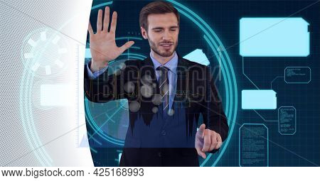 Animation of data processing over businessman touching screen. global business, digital interface, technology and networking concept digitally generated video.