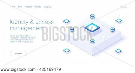 Identity And Access Management Illustration In Isometric Vector Design. Abstract Datacenter Or Block